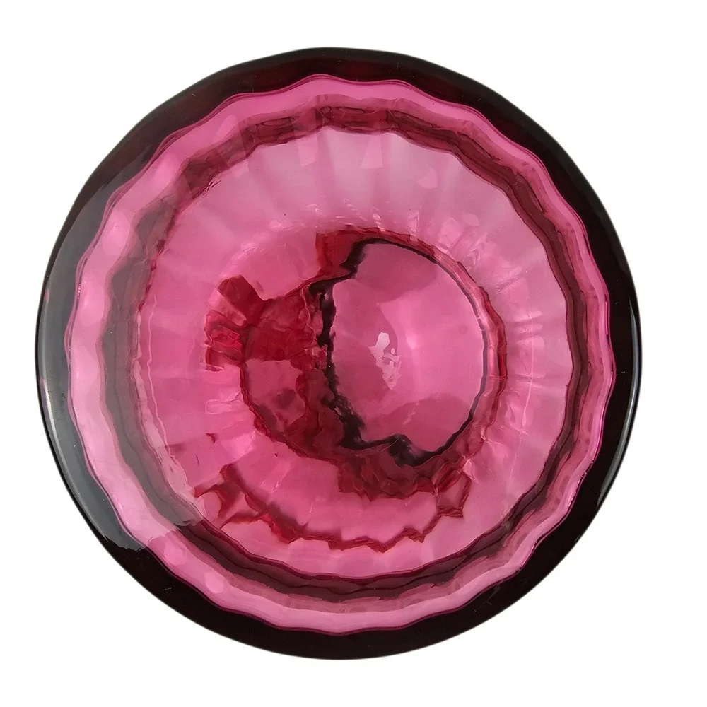 Vtg Pilgrim Art Glass Cranberry Pink Ribbed Urn Vase with Red Braid Rope Accent